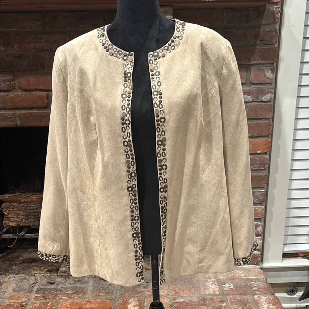 Cream Blazer with Embellished Trim and Collarless Neckline